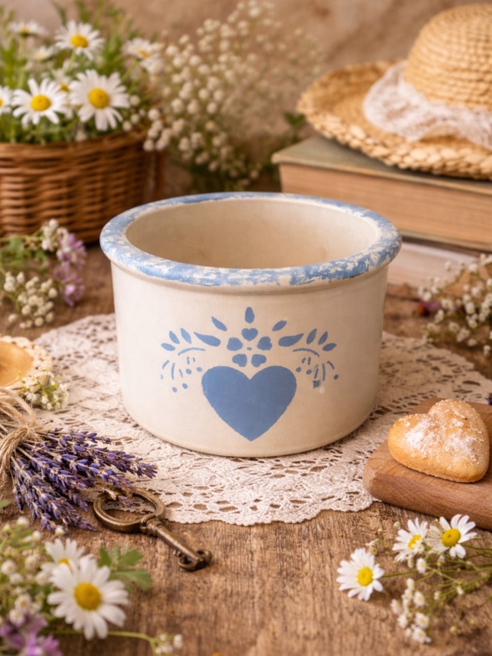 Robinson Ransbottom Blue Heart Stoneware Crock Bowl 1 Qt VTG Farmhouse Decor